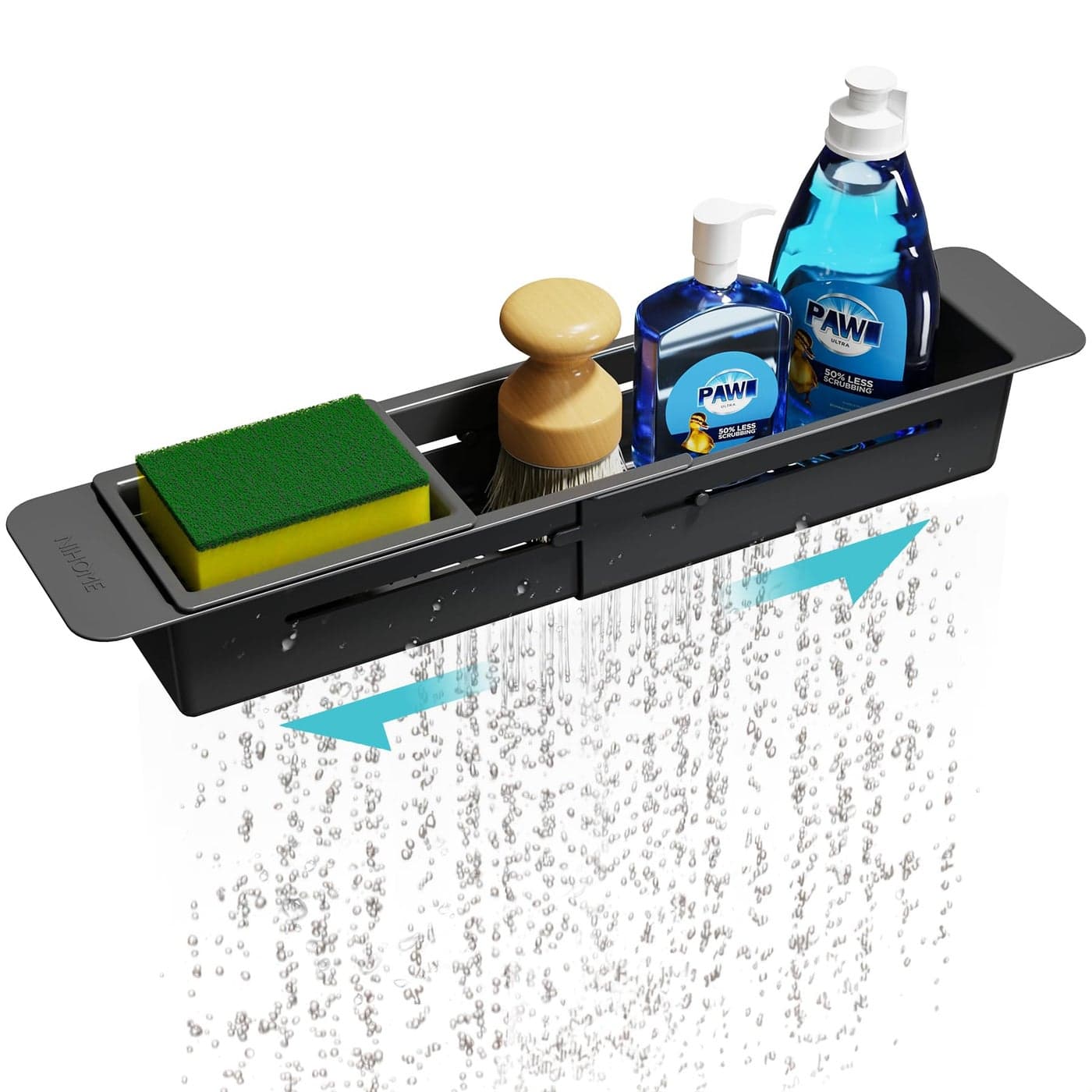NiHome Extendable Over Sink Kitchen Organizer Small Telescopic Brush Storage Rack for Sponge NonSlip Pads Expandable Sink Caddy Adjustable SpongeBrush Rack with Drainage Durable ABS Black