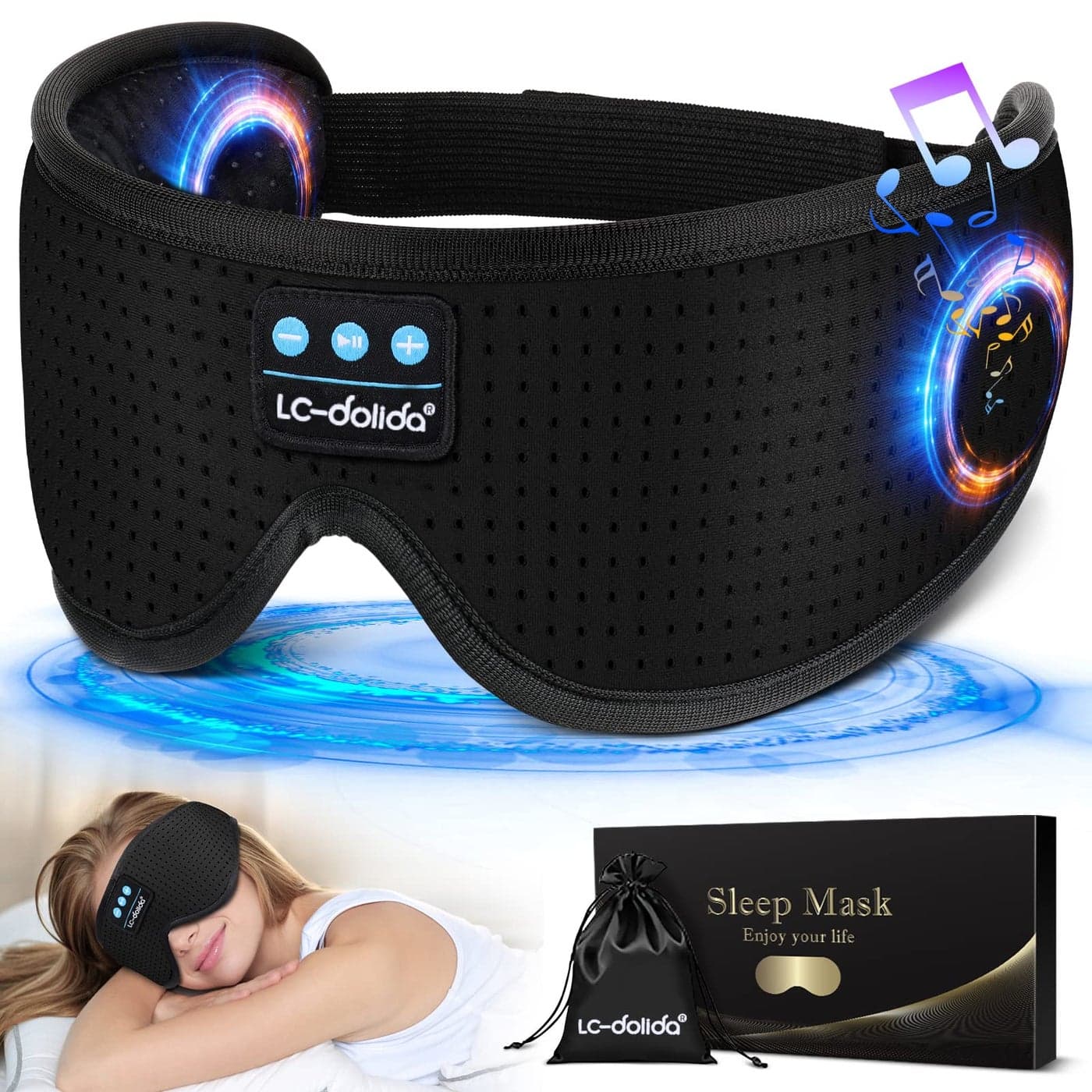 LCdolida Sleep Headphones White Noise Bluetooth Sleep Mask 3D Wireless Eye Mask Sleeping with Timing Sleep Mask with Bluetooth Headphones for Side Sleepers Travel Yoga Cool Gifts Men Women