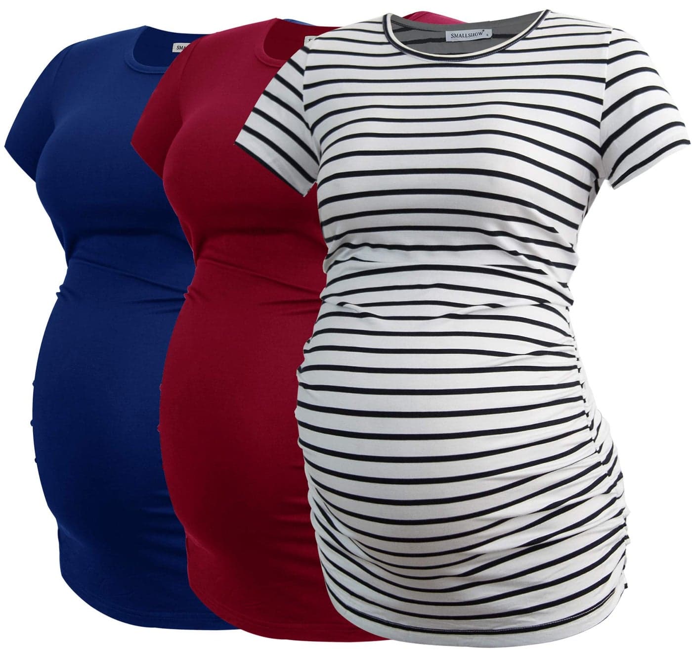 Smallshow Womens Maternity Tops Side Ruched Tunic TShirt Pregnancy Clothes Medium White StripeNavyWine