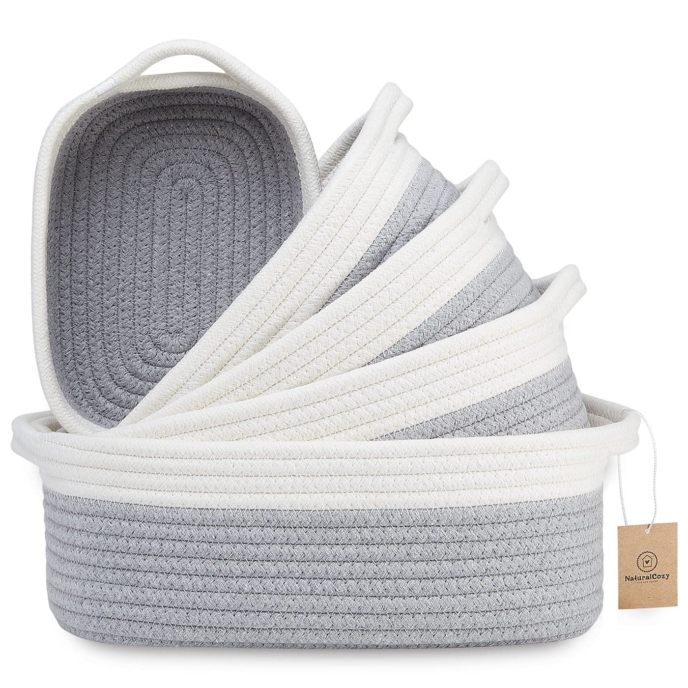 NaturalCozy 5Piece Rectangle Storage Basket Set Natural Cotton Rope Woven Baskets for Organizing Small Basket for Montessori Baby Nursery Dog Toy Baskets Cat Toy Box Bathroom Organization Bin