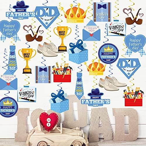 Funnlot Fathers Day Decorations 62PCS Hanging Swirls Fathers Day Decorations for Home Blue Gold Double Sided Happy Fathers Day Decorations Hanging Swirls for Fathers Day Decorations Decoracion