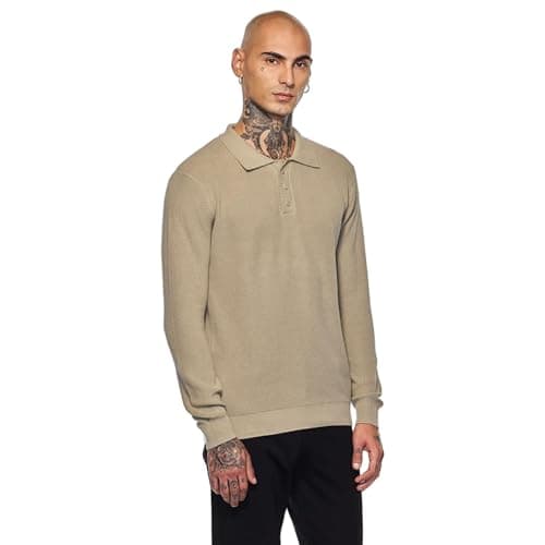 SNITCH Men's Self-Design| Textured| Plain T-Shirts | Casual Wear| College Wear Streetwear Style | Cotton Polo Full Sleeve Slim Fit Beige