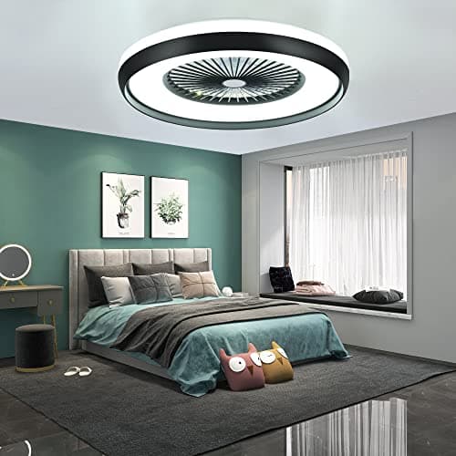 HUMHOLD 24" Bladeless Ceiling Fan with Light Remote, Smart LED Ceiling Fans with App Control, Modern Low Profile Dimmable Light Ceiling Fan for Bedroom Living Room Black