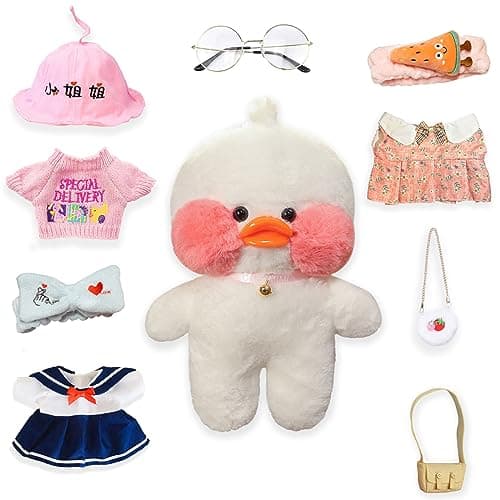 MOMIU Cute Plush Toy Set with 9 Pcs Clothes White Duck Stuffed Animal with Glasses Kawaii Duck Gifts for Kids
