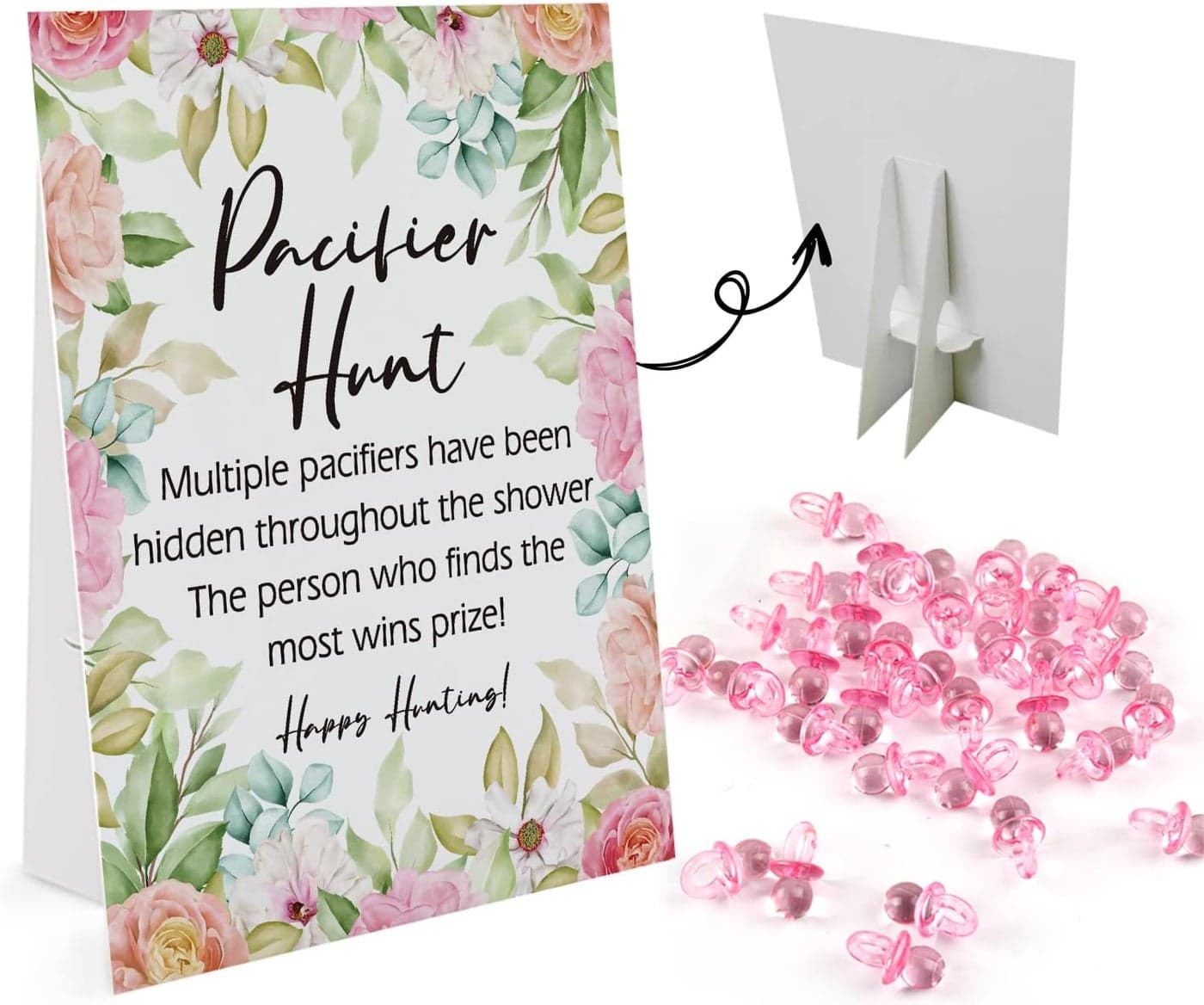 Baby Pacifier Hunt Baby Shower Games Gender Reveal Game Flower Theme 810 Sign and 50 Mini Acrylic Pacifier Favorite Adults Kids Games for Baby Shower Activities Baby Shower Games for Girl BPH10