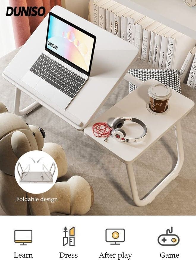 Foldable Laptop Desk,Portable Laptop Tray Table with Cup Holder, Adjustable Height Tilt Lap Desk ,Stand Non Slip Tablet Desk for Work Reading Study Eating Camping(White)