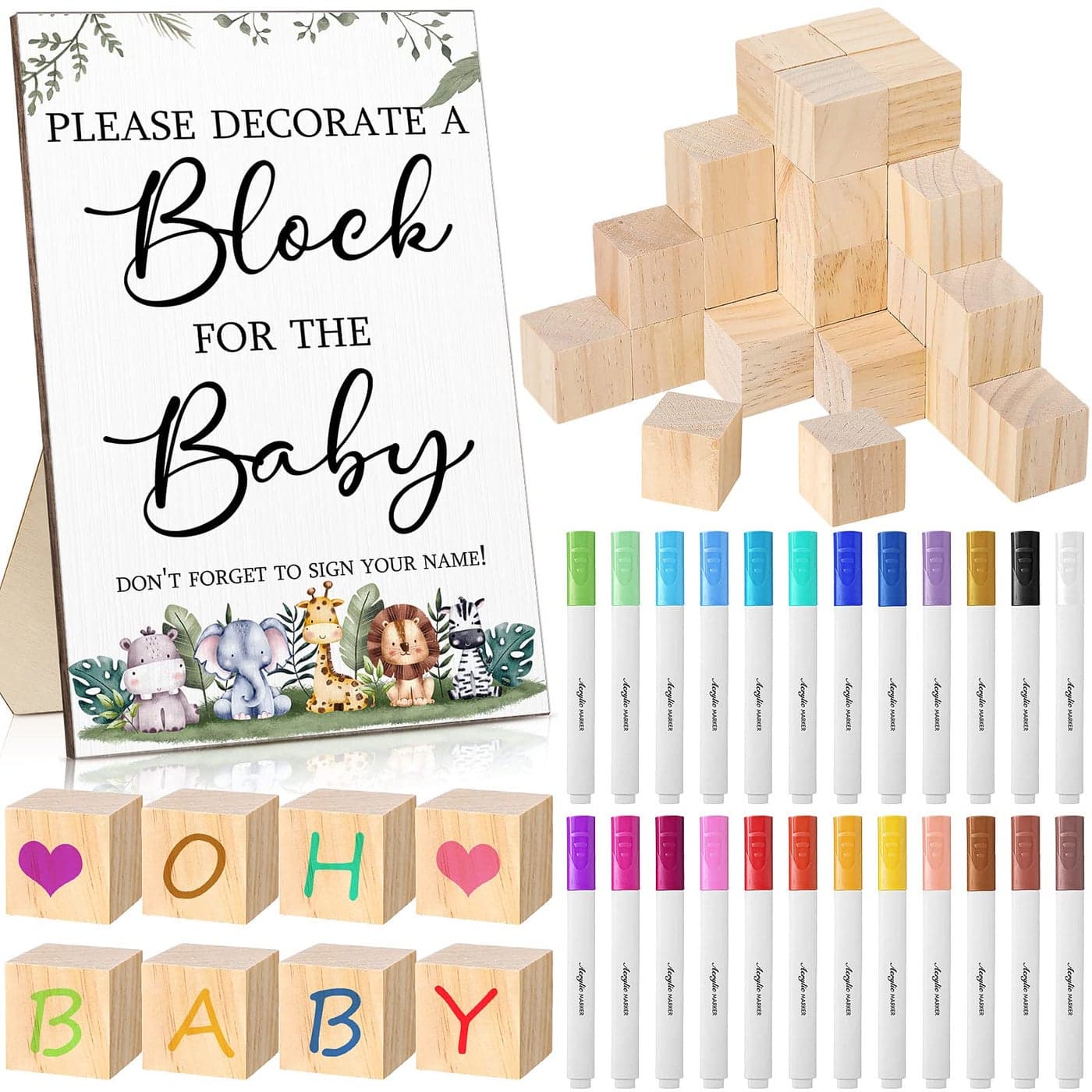Tatuo 75 Pcs Baby Shower Games Sign Kit Including Decorate a Block Game Sign 50 DIY Wooden Block 24 Acrylic Paint Marker Baby Shower Prize for Gender Reveal PartySafari