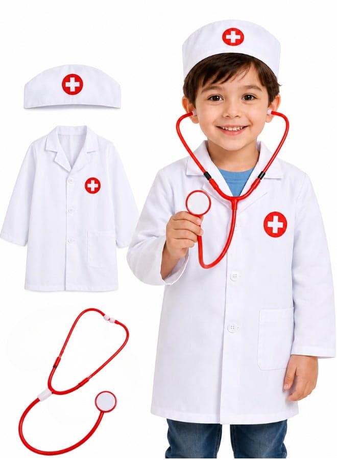 Doctor Playsets, Kids Doctor Roleplay Costume, Kids Doctor Roleplay Costume Set – Complete White Lab Coat, Hat & Medical Toy Tools for Boys and Girls, Educational Pretend Play Outfit for Career Day and Fun Learning