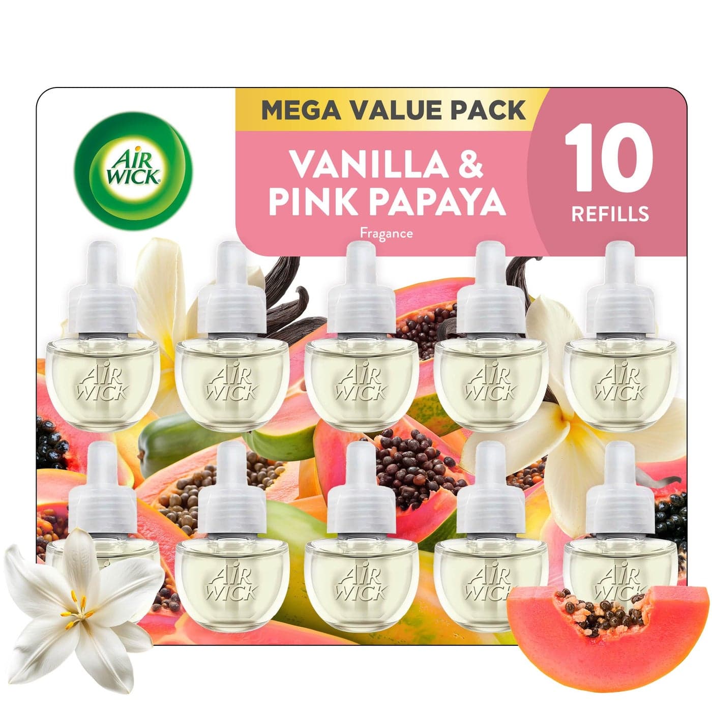 Air Wick Plug In Scented Oil Refill, 10ct, Vanilla and Pink Papaya, Air Freshener, Essential Oils