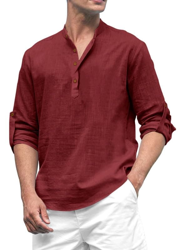 ROYALSCOUT Men's Cotton Blend Solid Short Kurta with Band Collar and Half Button Front | Full Sleeve Relaxed Fit Traditional Top for Everyday and Occasion Wear Maroon