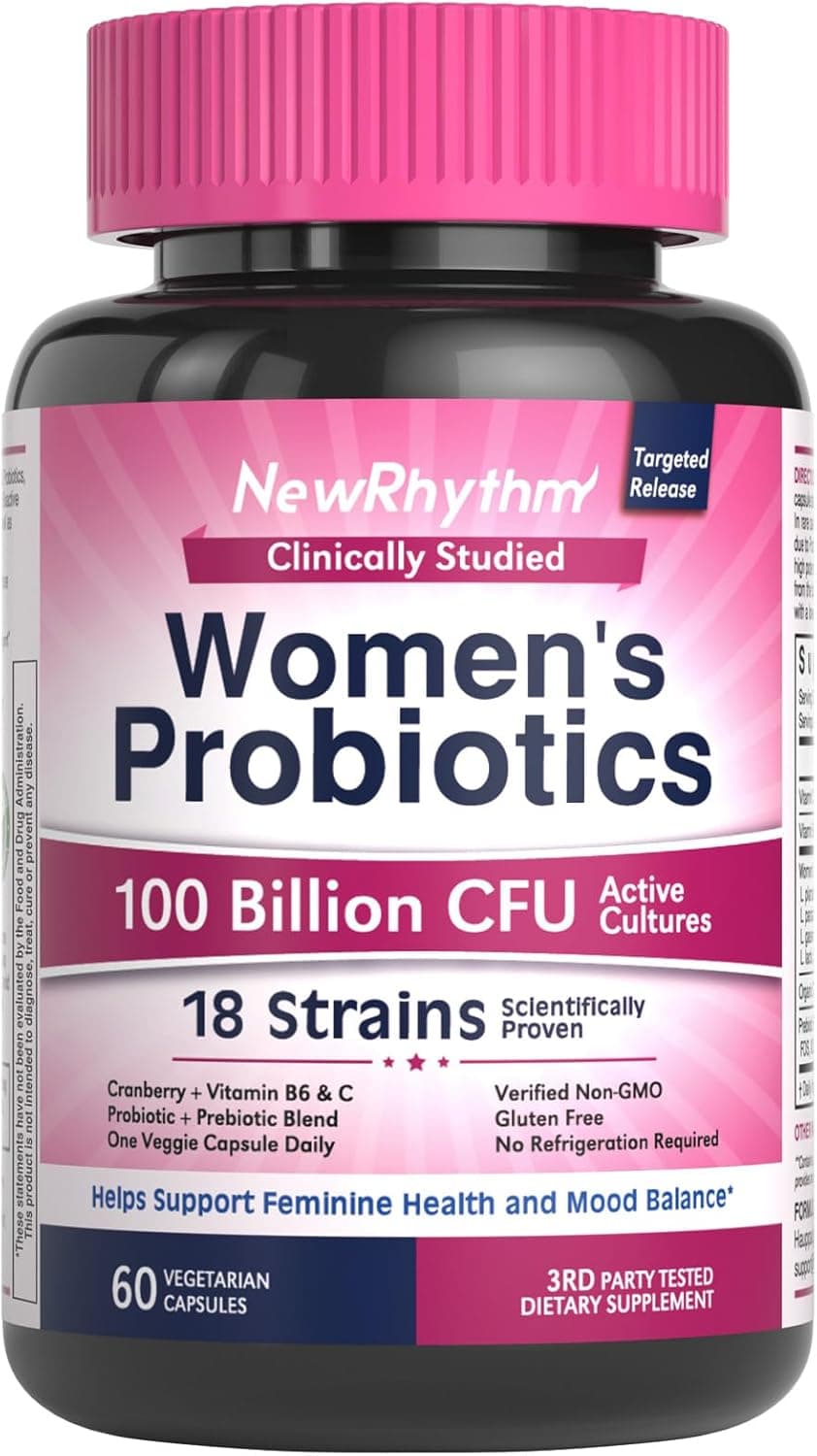 NewRhythm Probiotics for Women P5P Vitamin C Organic Cranberry 100 Billion CFU 18 Strains Prebiotics Probiotics Vaginal Probiotics for Digestive Health PH Balance 60 Capsules No Dairy