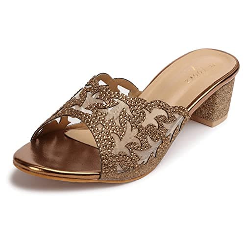 XE Looks Women's Copper Block Heel Sandals | Intricate Star Cutwork Design with Shimmer Finish | Stylish & Trendy Slip-Ons Heels For Girls & Women