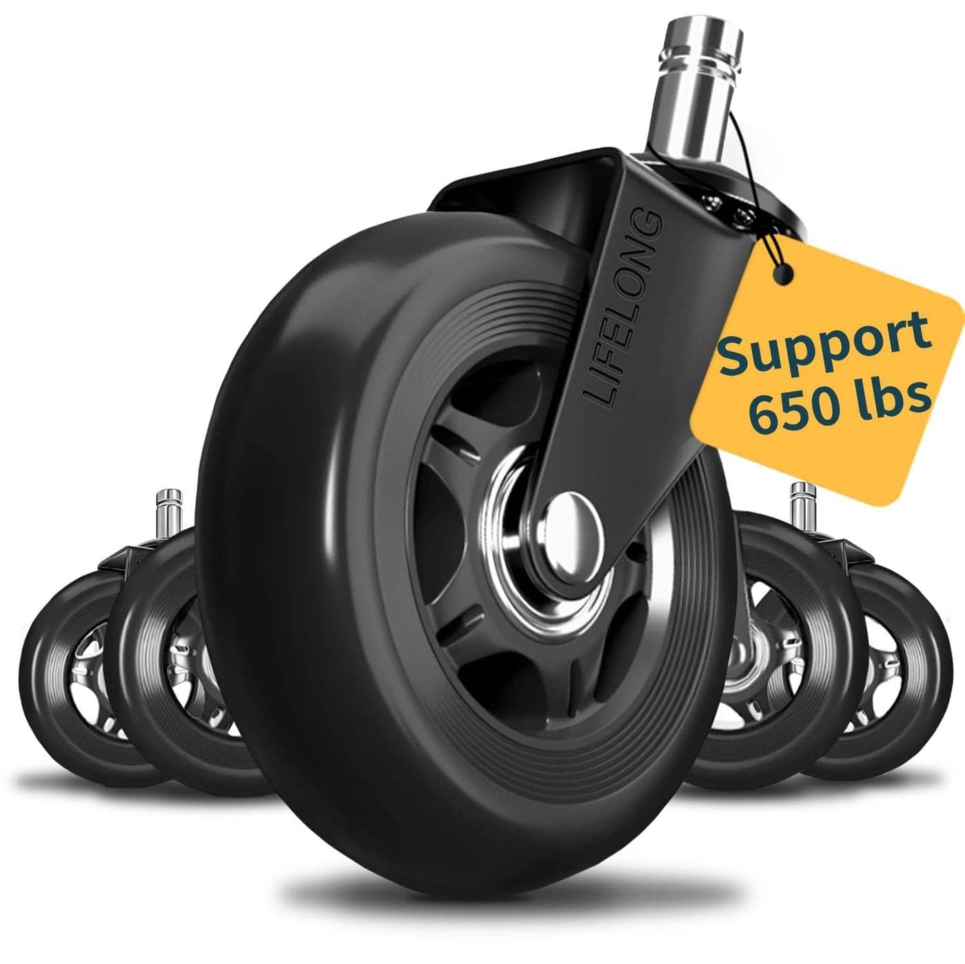 Lifelong Office Chair Wheels Replacement Rubber Chair Casters for Hardwood Floors and Carpet Set of 5 Stem Casters Heavy Duty Office Desk Casters for Chairs to Replace Office Chair Mats Black