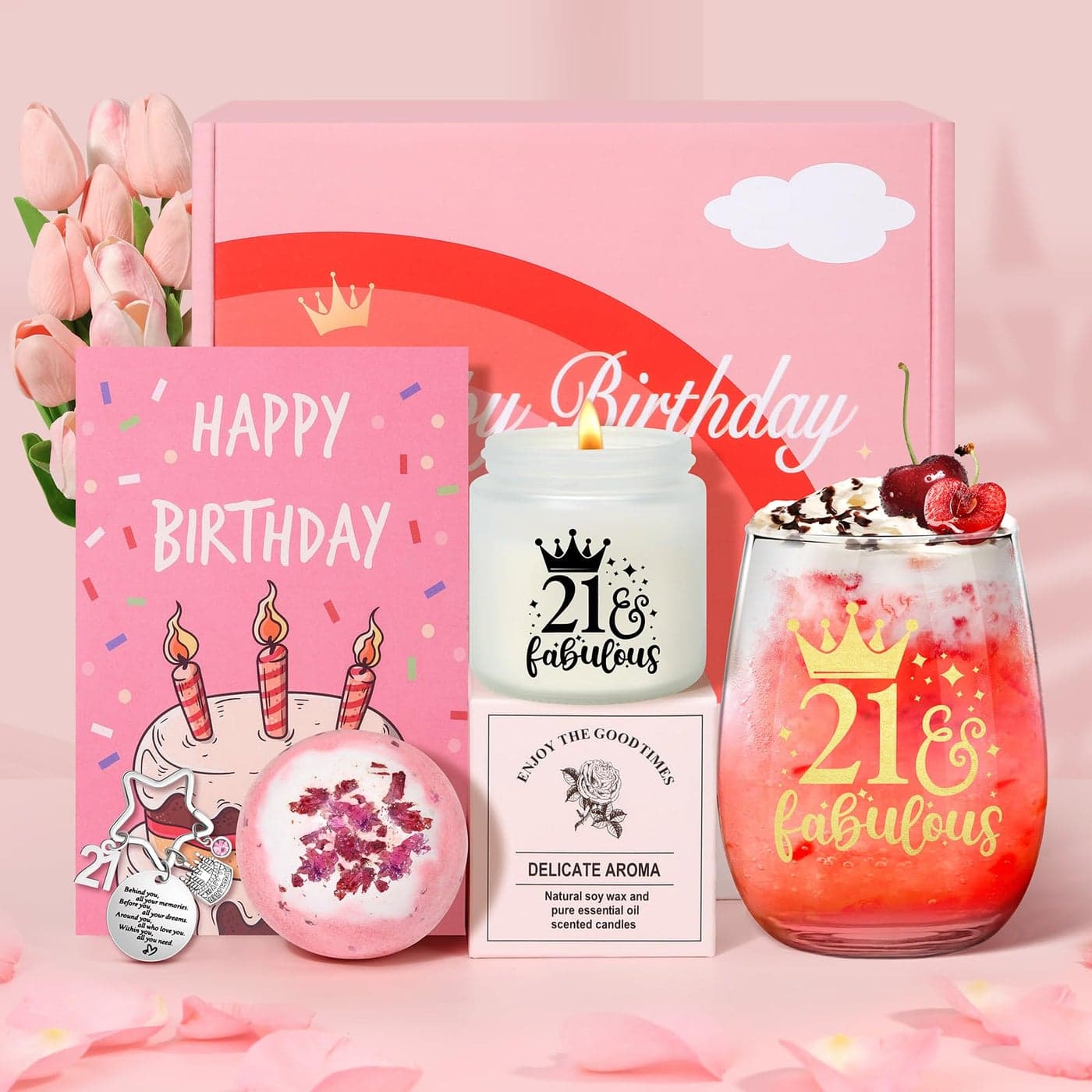 Tecanne 21st Birthday Gifts for Her Birthday Pamper Gifts for Her Personalised Glass 21st Wine Glass Gift Set Gin Gift Box for Daughter Sister Best Friends Bestie
