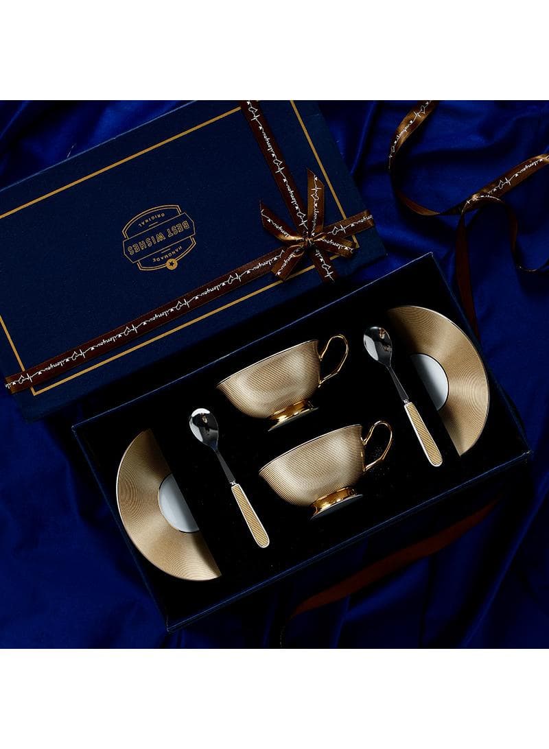 Bone China Golden stripe Tea Cup with Saucer Spoon 6 Piece Set(7oz)Cappuccino Cups, Coffee Cups, Tea Cup Set, British Coffee Cups, Porcelain Tea Set, Latte Cups, Mother's Day Gift