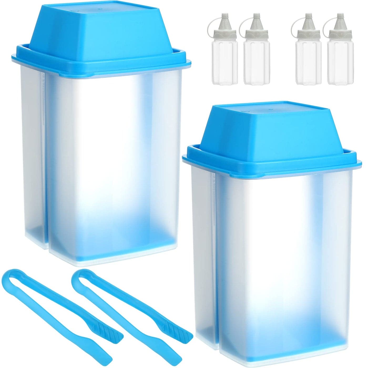Pickle Container with Strainer 2 Pcs Jalapeno Container 405 oz with Tongs 4 Pcs Sauce Bottles Large Plastic Pickle Jar with Lifter Keeper for Cornichon Olive Gherkins FoodBlue