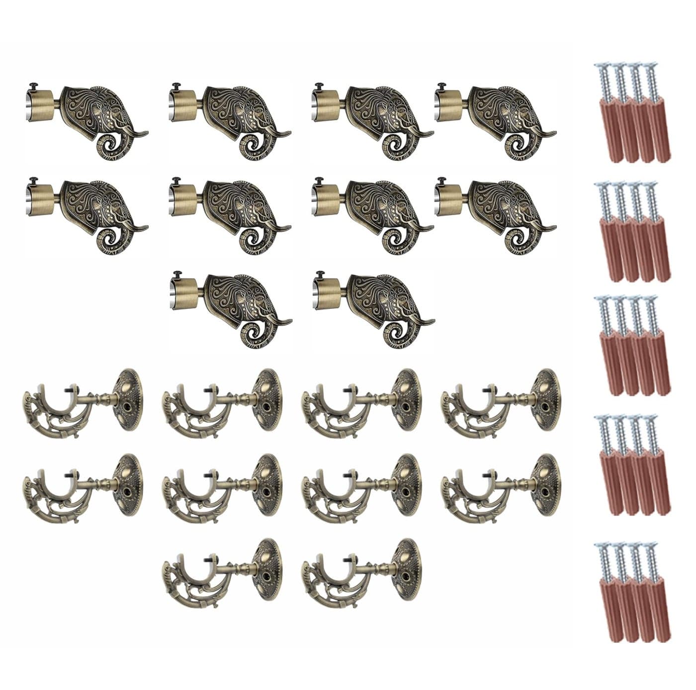 GLOXY Aluminium Rajwada Elephant Shape Antique Curtain Brackets with Support 1 Inch Rod Pocket Finials Designer Window(5 Pair) - Stylish, Durable Window Decor Solution for Elegant Home Interiors