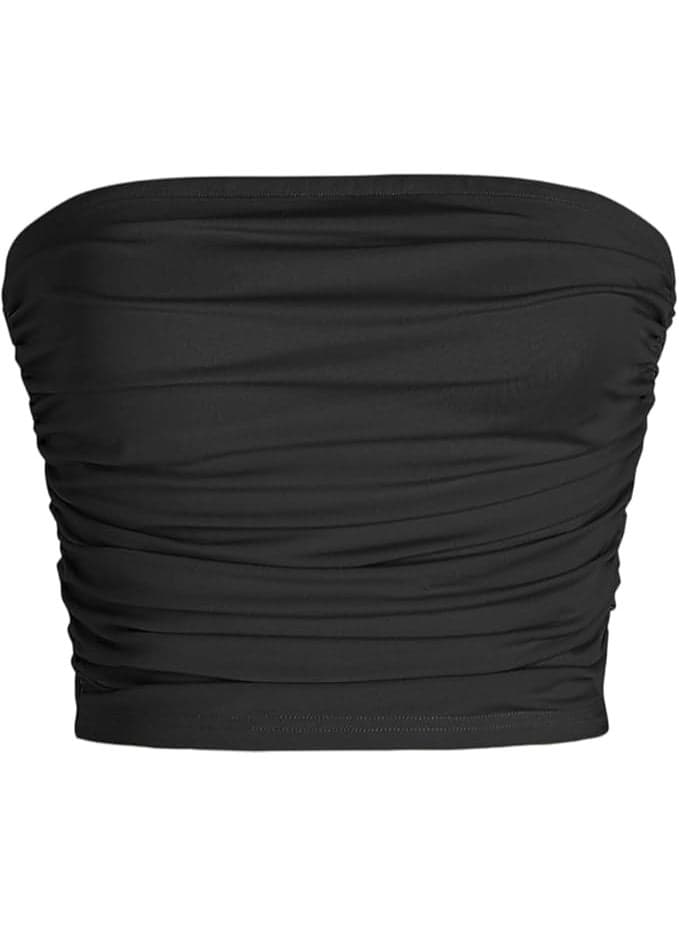 Strapless Ruched Crop Top, Women's Ruched Slim Fit Crop Bandeau Tops Strapless Sleeveless Basic Simple Tube, M