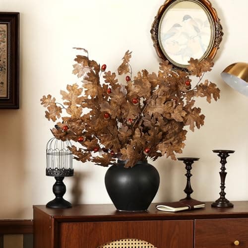 Wavwavw 10 Pcs 32 Inch Faux Oak Branch Oak Leave Stem Summer Artificial Branches Table Centerpiece Fake Long Stems Greenery Plant for Vase Wedding Garden Farmhouse Mantel Home Decor (Brown)