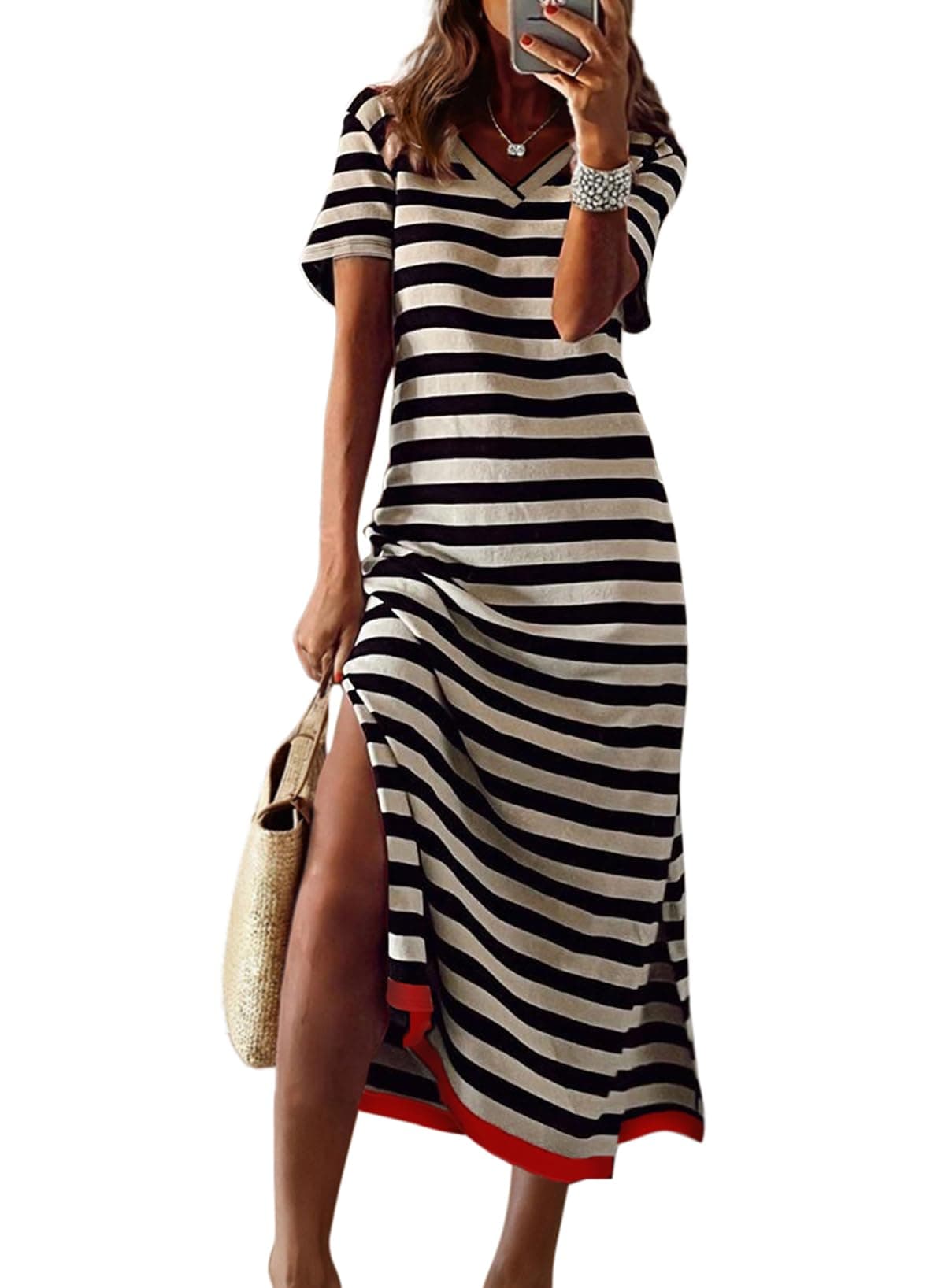 Dokotoo Summer Dress Casual Womens T Shirt Short Sleeve Striped Long Color Block Maxi Dress Resort Wear Dresses for Women 2025 Elegant Classy Black Small