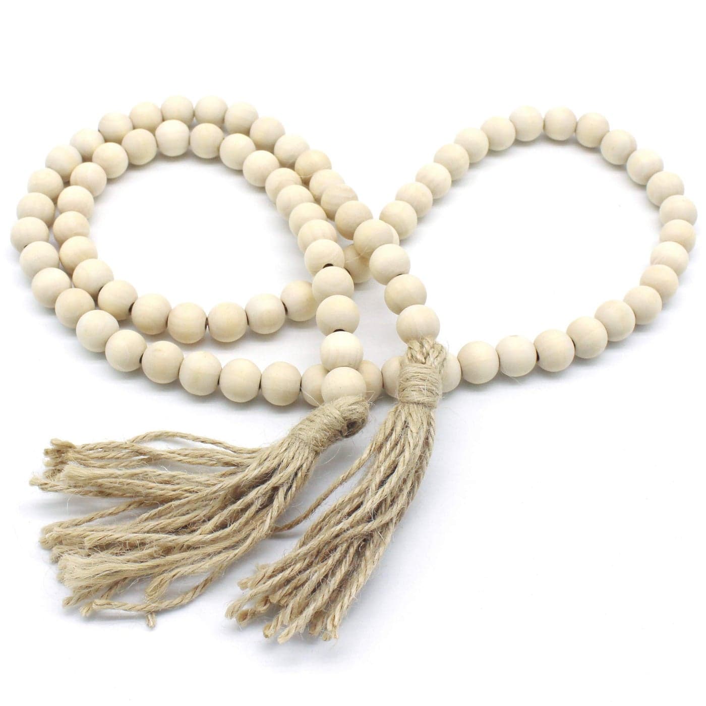 CVHOMEDECO Wood Beads Garland with Tassels Farmhouse Rustic Wooden Prayer Bead String Wall Hanging Accent for Home Festival Decor Natural