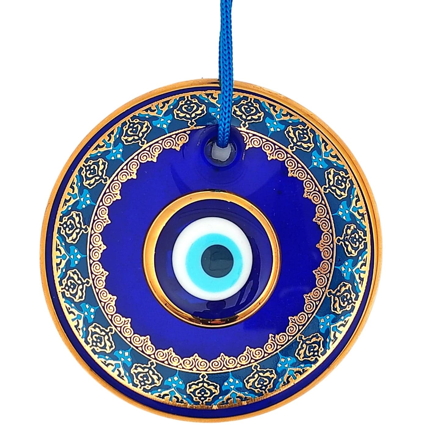 Erbulus 43 Glass Blue Evil Eye Wall Hanging Gold and Turquoise Floral Design Ornament Turkish Nazar Bead Home Protection Charm Wall Art Amulet in a Box