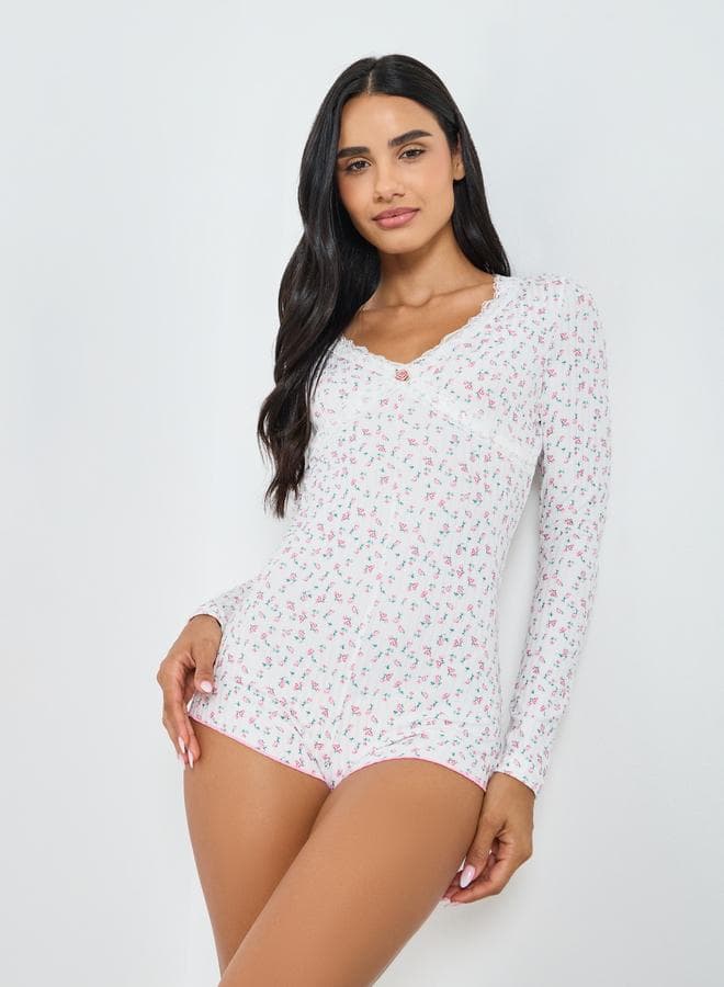 Floral Printed Pointelle Full Sleeve Teddy