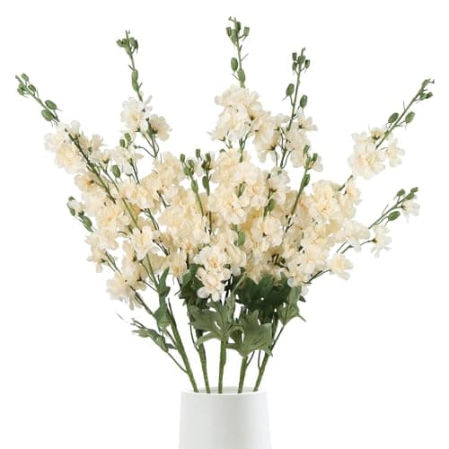 Fqueelvys 5 PCS Champagne Delphinium Artificial Flowers, 38.5" Long Stem Flowers for Tall Vase Faux Larkspur Champagne Silk Snapdragon Flowers for Wedding Centerpieces Home Party Decor