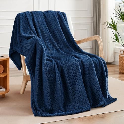 Exclusivo Mezcla Throw Blanket for Couch, Cozy Lightweight Fleece Blankets with Decorative Wave Textured Suitable for Winter, Navy Blue, 50x70 Inches