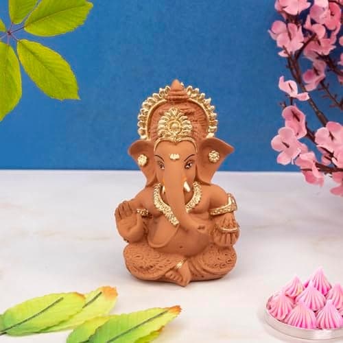 Dev Aastha Lord Ganesha Idol for Car Dashboard, Home Decor & Pooja | Resin Gold Plated Ganpati Murti | 3.5 Inch Ganesh Statue for Gift, Diwali, Housewarming, Baby Shower, Mandir Decor, Brown, Pack -1