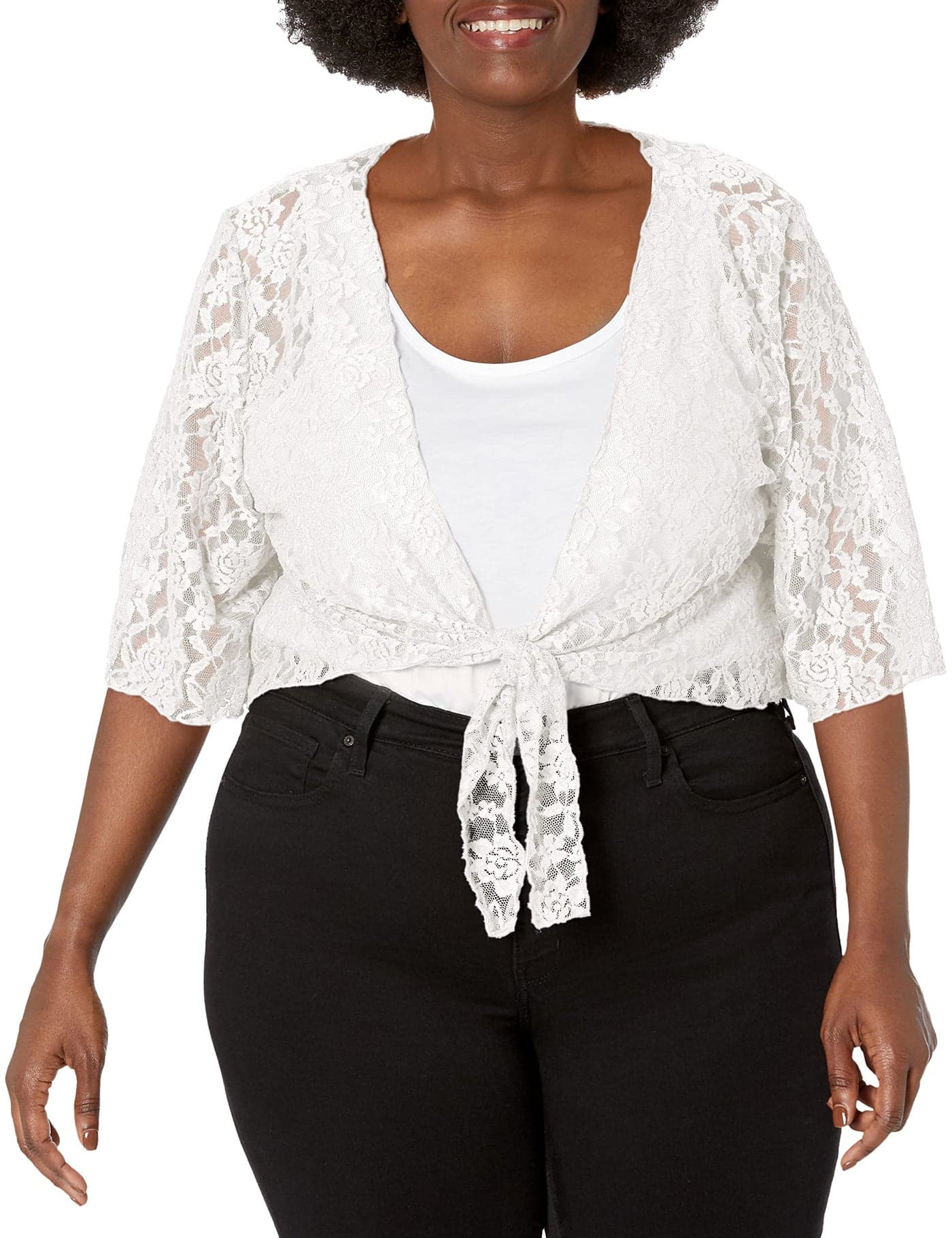Star Vixen Women's Plus-Size 3/4 Sleeve Lace Tie Front Shrug Sweater, Ivory, 2X