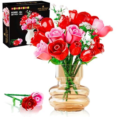 HOGOKIDS Flowers Bouquet Building Set with Lights 16 Roses Bouquet Botanical Building Blocks Artificial Red Roses Flower for Home Decor Birthday Valentines Gifts for Adults Girl 387PCS Pink