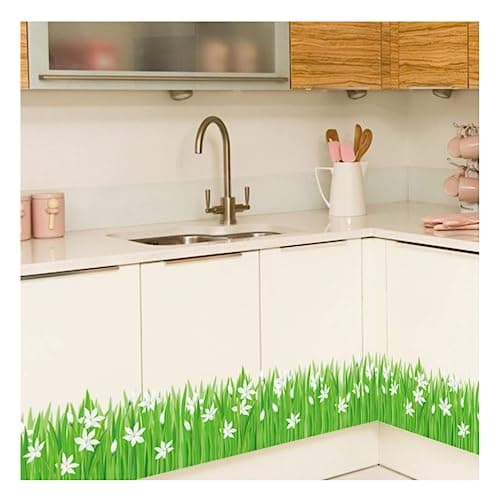 JAAMSO ROYALS Green Grass with White Flower Wall Stickers for Living Room Flowers, Floral Walls Stickers, Flower Sticker, Nature Wall-Stickers, Garden Stickers for Walls of Home, Wall (50CM x 70CM)