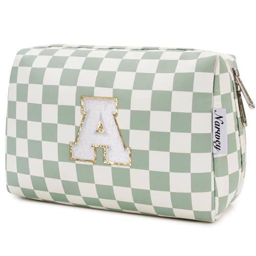 Narwey Initial Makeup Bag for Teen Girls Kids Trendy Stuff 6 8 10 11 12 13 14 16 18 Years Old, Personalized Monogram Cosmetic Toiletry Bag, Birthday Gifts for Women Tween (Green A)