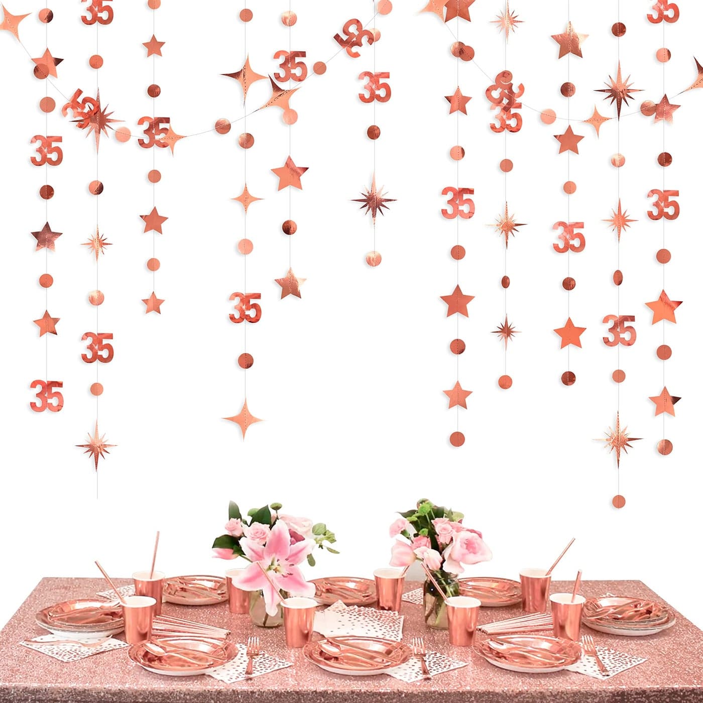 Rose Gold 35th Birthday Decorations Number 35 Circle Dot Twinkle Star Garland Metallic Hanging Streamer Bunting Banner Backdrop for Womens Thirty Five Year Old Birthday 35th Anniversary Party Supplies