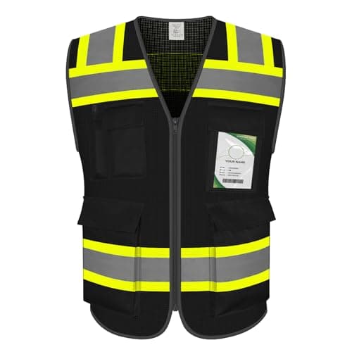 TCCFCCT Safety Vest for Men Women 5 Pockets Mesh High Visibility Reflective Vest with Reinforced Zipper, Durable Construction Work Vest with Fluorescent Orange Edge, Meets ANSI/ISEA, DW-Black, L