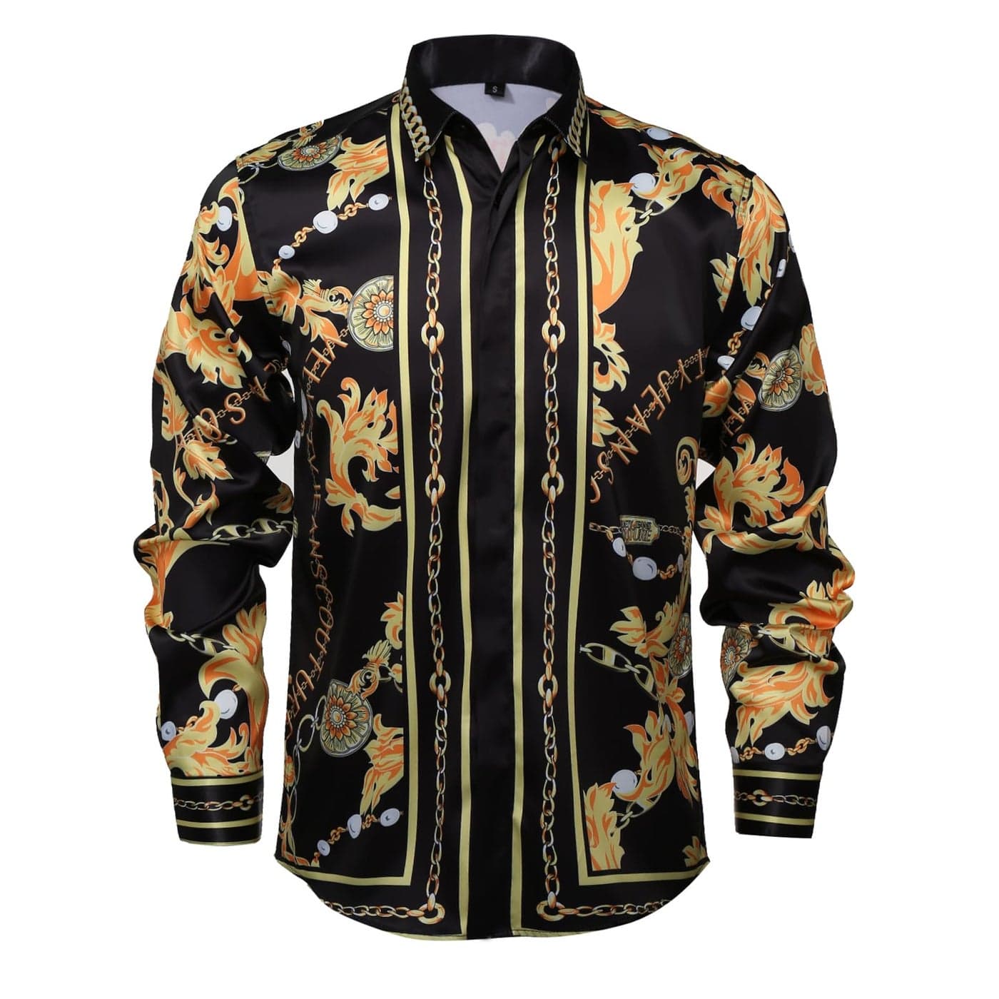 GSBOGOSSE Men Gold Fashion Luxury Printed Satin Long Sleeve ButtonDown Shirts Flashy Retro Gorgeous Design Party Gift Shirt