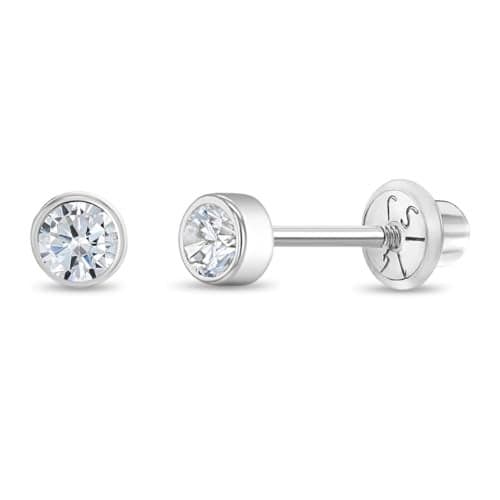 14k White Gold Little Girls 3mm Bezel Set Round Simulated Diamond Screw Backs, Elegant Stud Earrings for Babies and Toddlers - Cute Bezel Studs For Girls April Birthday