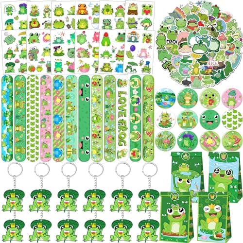 Lcnjscgo 110 PCS Frog Party Favors Frog Temporary Tattoos Slap Bracelets Keychains Stickers Badges Gift Bags for Frog Birthday Party Decorations Supplies Gifts for Classroom Rewards Baby Shower