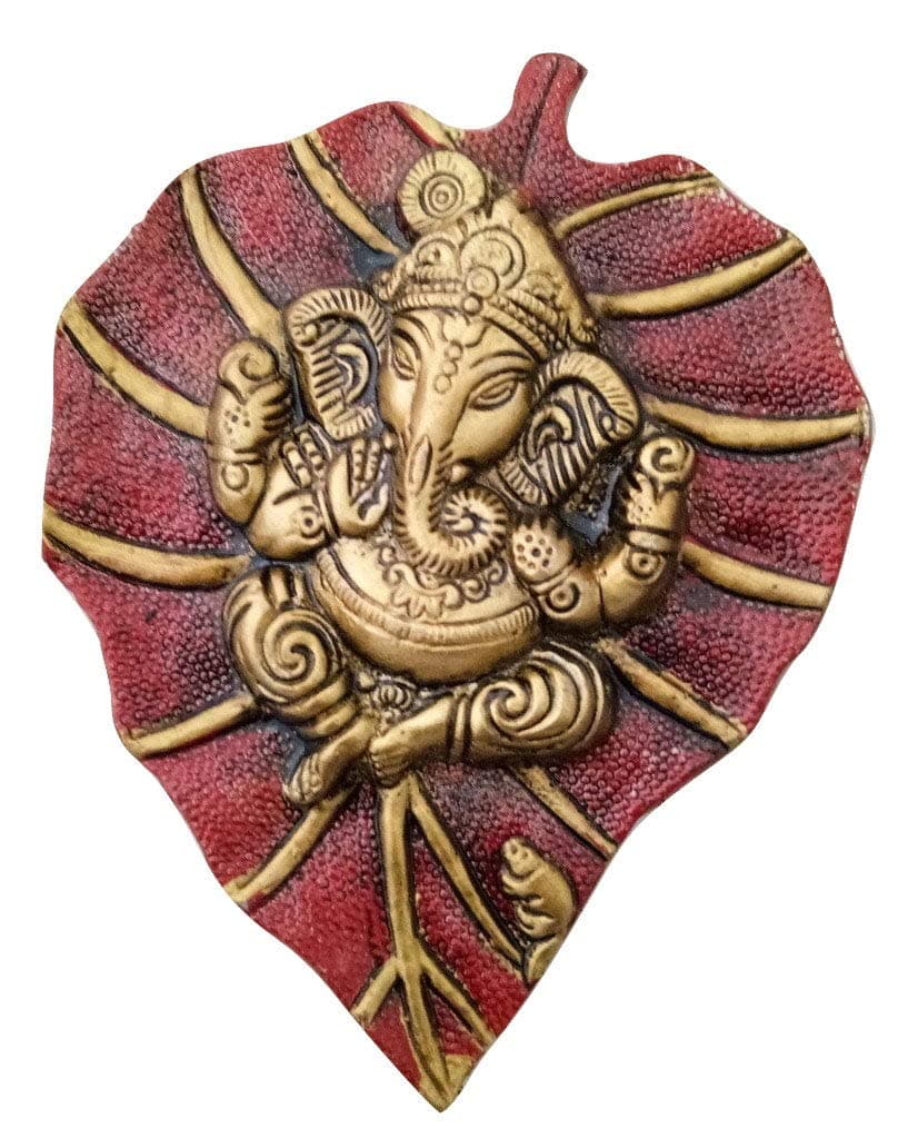 Trendy Crafts Metal Lord Ganesha on Leaf Wall Hanging | Spiritual Hindu Wall Décor Art | Sacred Blessing for Home Entrance, Puja & Office | Durable Metal Craft (Mahroon)