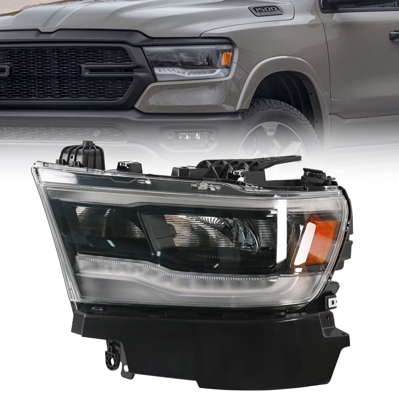 FIONE LED Headlight Assembly Compatible with Dodge Ram 1500 20192022 Black Cover Left Driver Side Headlamps 68533275AA CH2502320