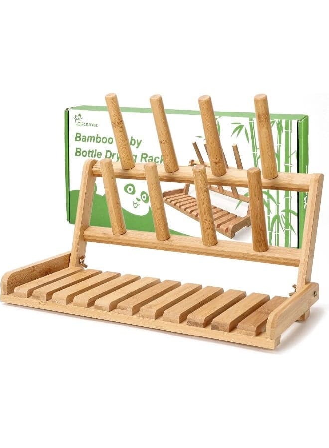Bamboo Baby Bottle Drying Rack, Space Saving Countertop Bottle Holder Portable Dryer Rack Organizer for Baby Bottles, Cups, Pacifiers and Accessories, Birthday Gift Box for Women Mother Mom