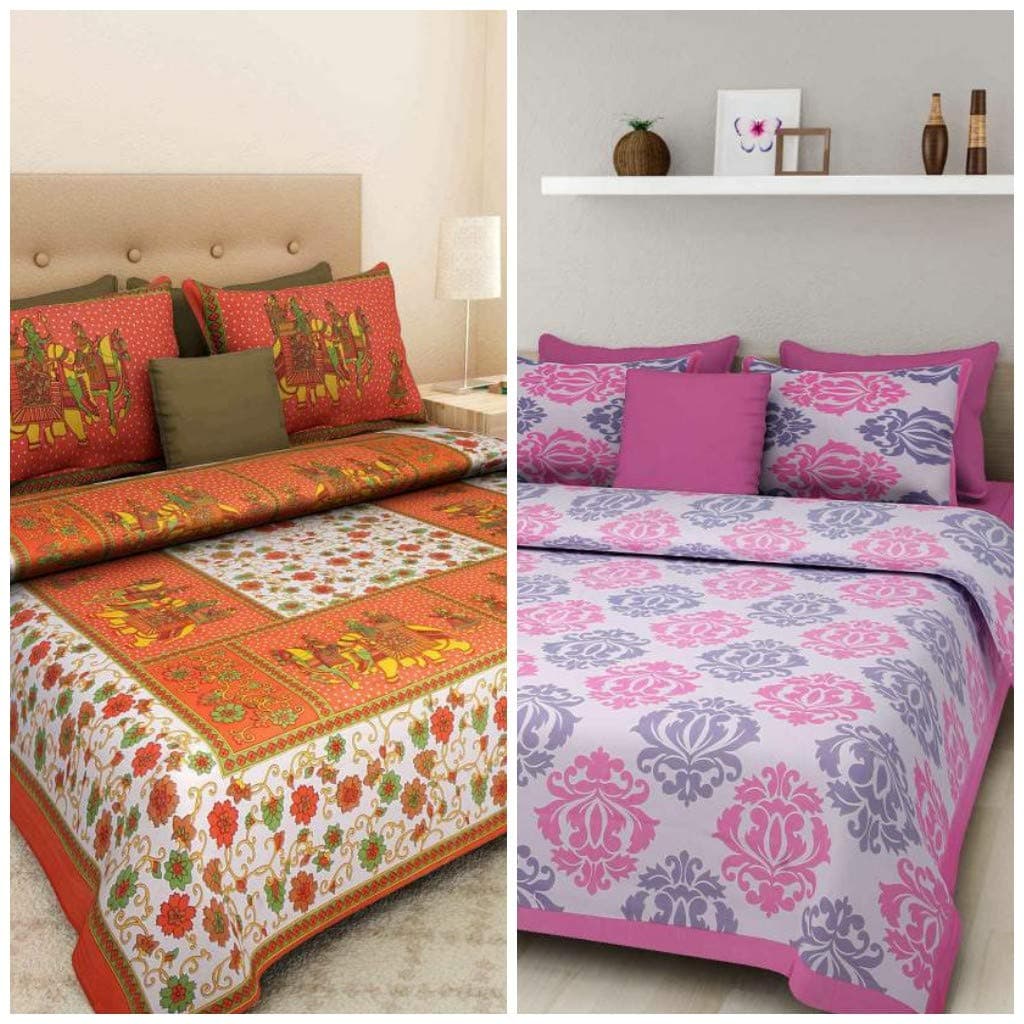 JAIPUR PRINTS 100 Cotton Rajasthani Jaipuri Sanganeri bedsheets combo double bed set 2 Double Bedsheet with 4 Pillow Cover MultiColor