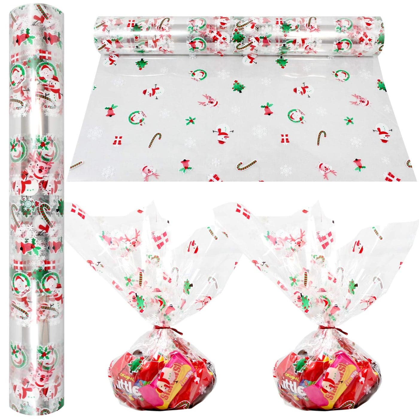 AnapoliZ Christmas Cellophane Wrap Roll 100 Ft Long X 16 in Wide 23 Mil Thick Crystal Clear with Christmas Designs Gifts Baskets Treats Cello Wrapping Paper Santa Snowman Cello Roll