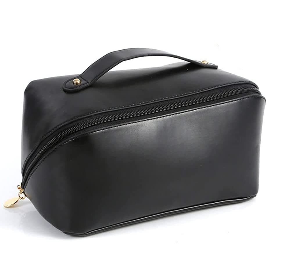 DDayons Large Capacity Cosmetic Travel Bag Womens Makeup Travel Bag Portable Leather Cosmetics Bag Makeup Bags with Handle DividerMakeup Organizer Bags Black