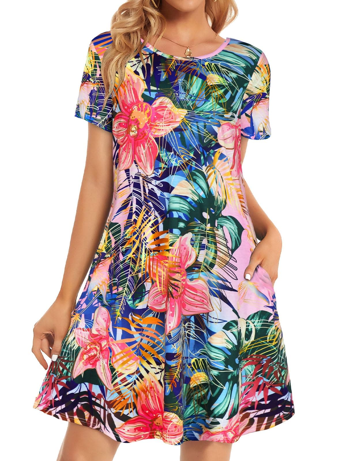 elescat Spring Dress for Women Sundress Beach Tshirt Short Sleeve Flowy with Pockets Coverup(Pink Floral, XL)