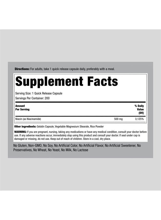 Niacinamide 500mg | 200 Capsules | Non-GMO, Gluten Free Supplement