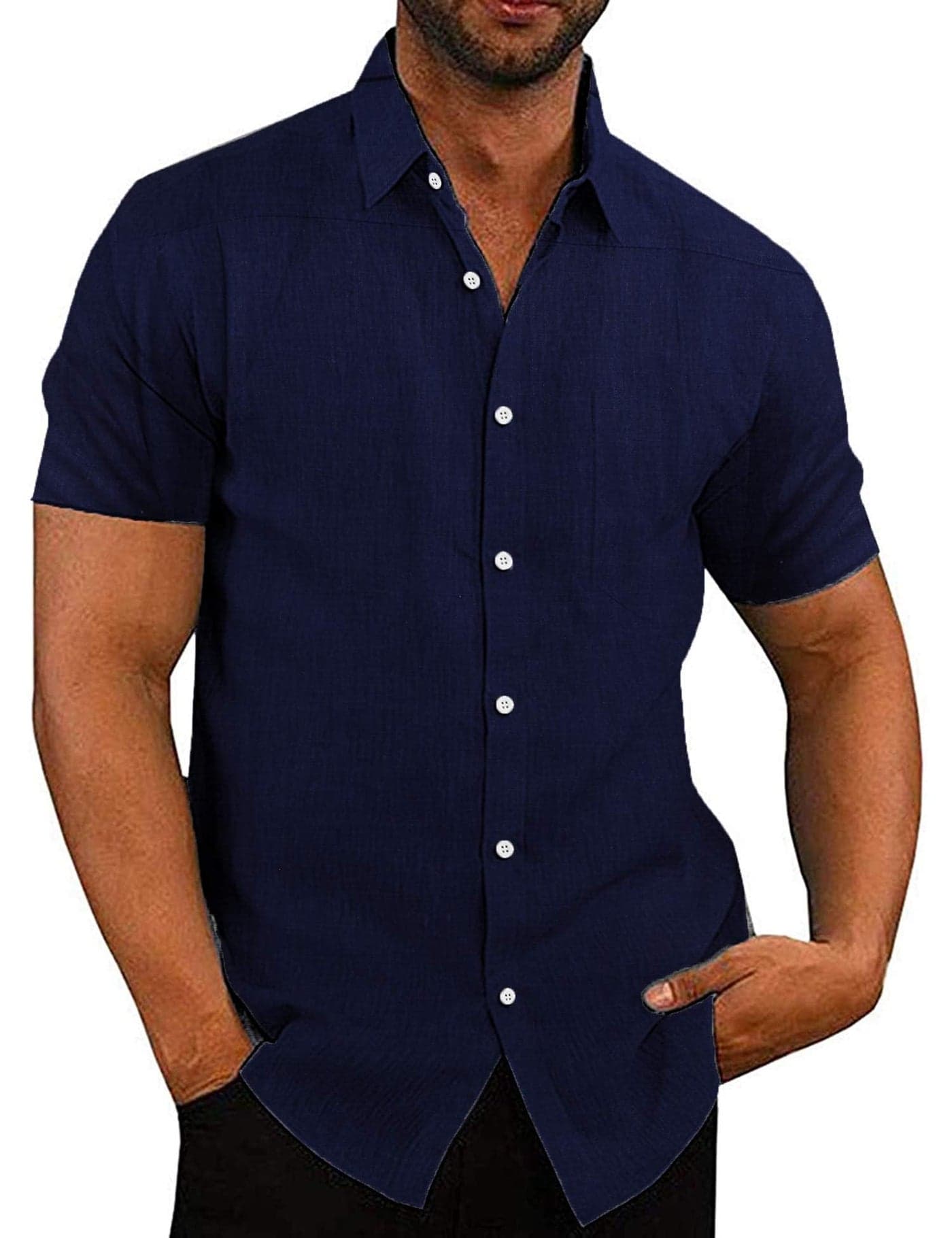 COOFANDY Men's Casual Button Down Shirt Chambray Plain Short Sleeve Dress Shirt