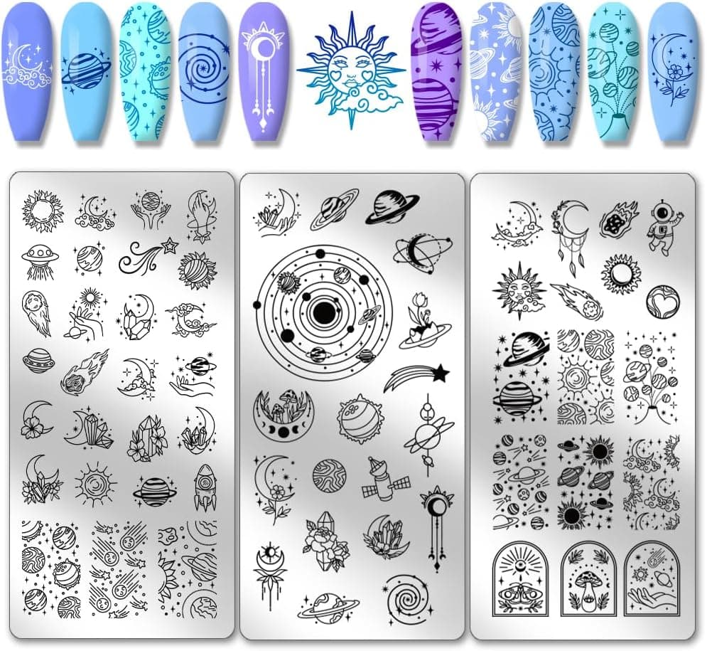 PH PandaHall 66 Patterns Spaceship Nail Art Templates 3pcs Planet Universe Nail Stamping Moon Star Astronaut Nail Art Stencils Stainless Steel Nail Image Plates for Nail Design Print Manicure Salon