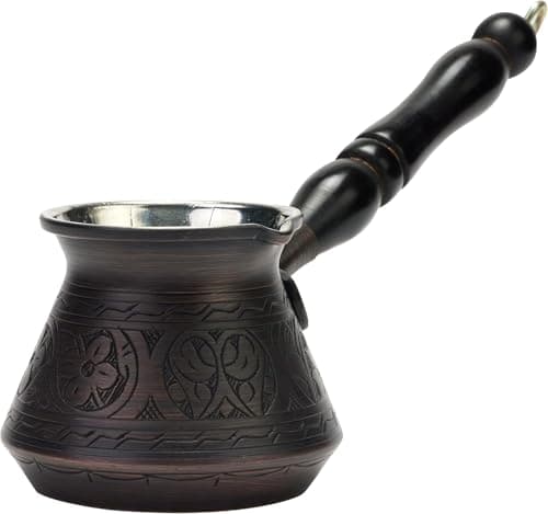DEMMEX Thickest Copper Turkish Greek Arabic Coffee Pot, Stovetop Coffee Maker, Cezve Ibrik Briki with Wooden Handle & Spoon, Hand Engraved (Antique Copper, 9 Ounces)